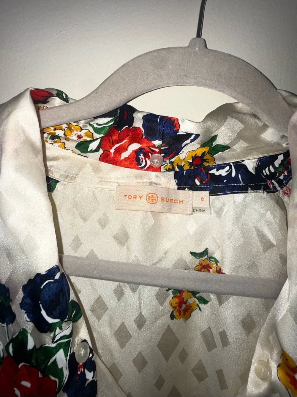 Tory Burch White Tie-Neck Blouse with Red & Navy Floral Print